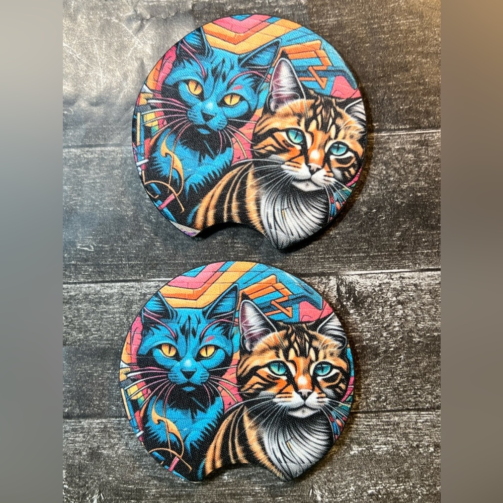 Neon Cats Car Cup Holder Coasters Set New